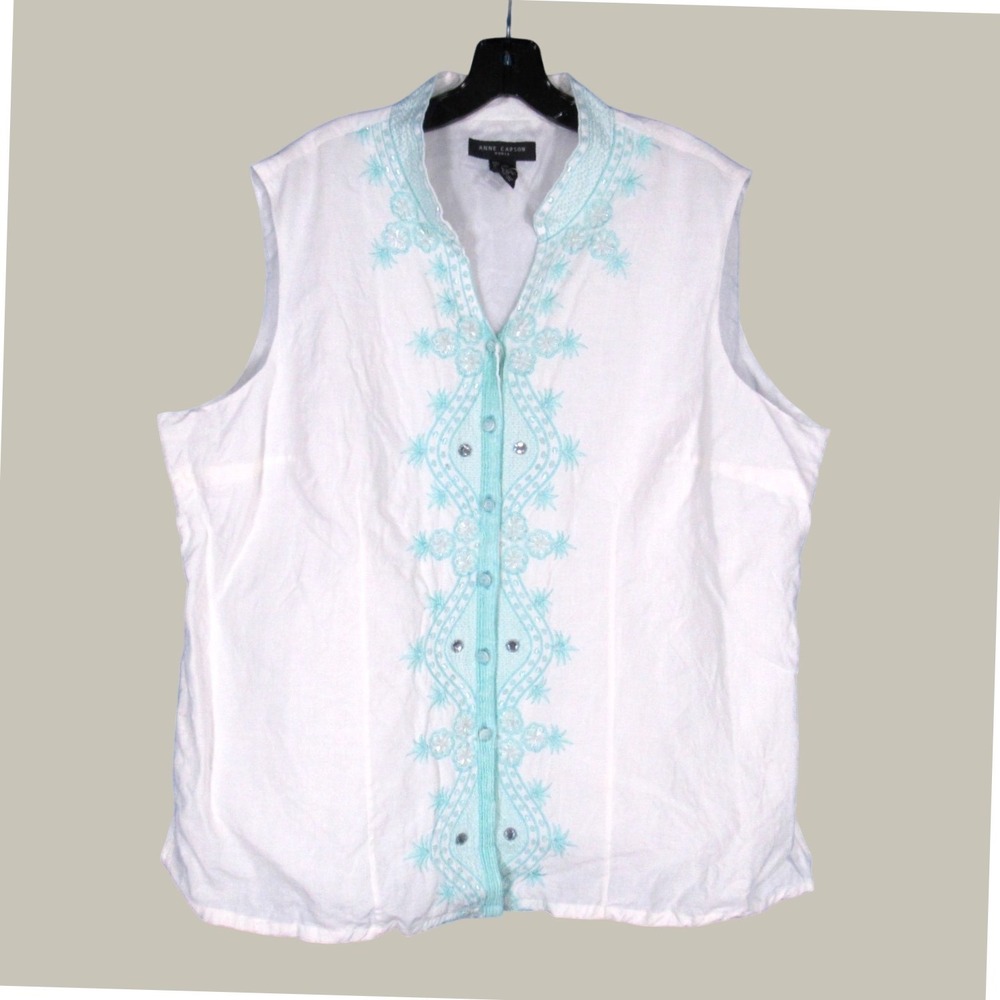 ANNE CARSON WOMAN Lined LINEN Sleeveless BEADED/STONES EMBROIDERED Blouse/Top 3X